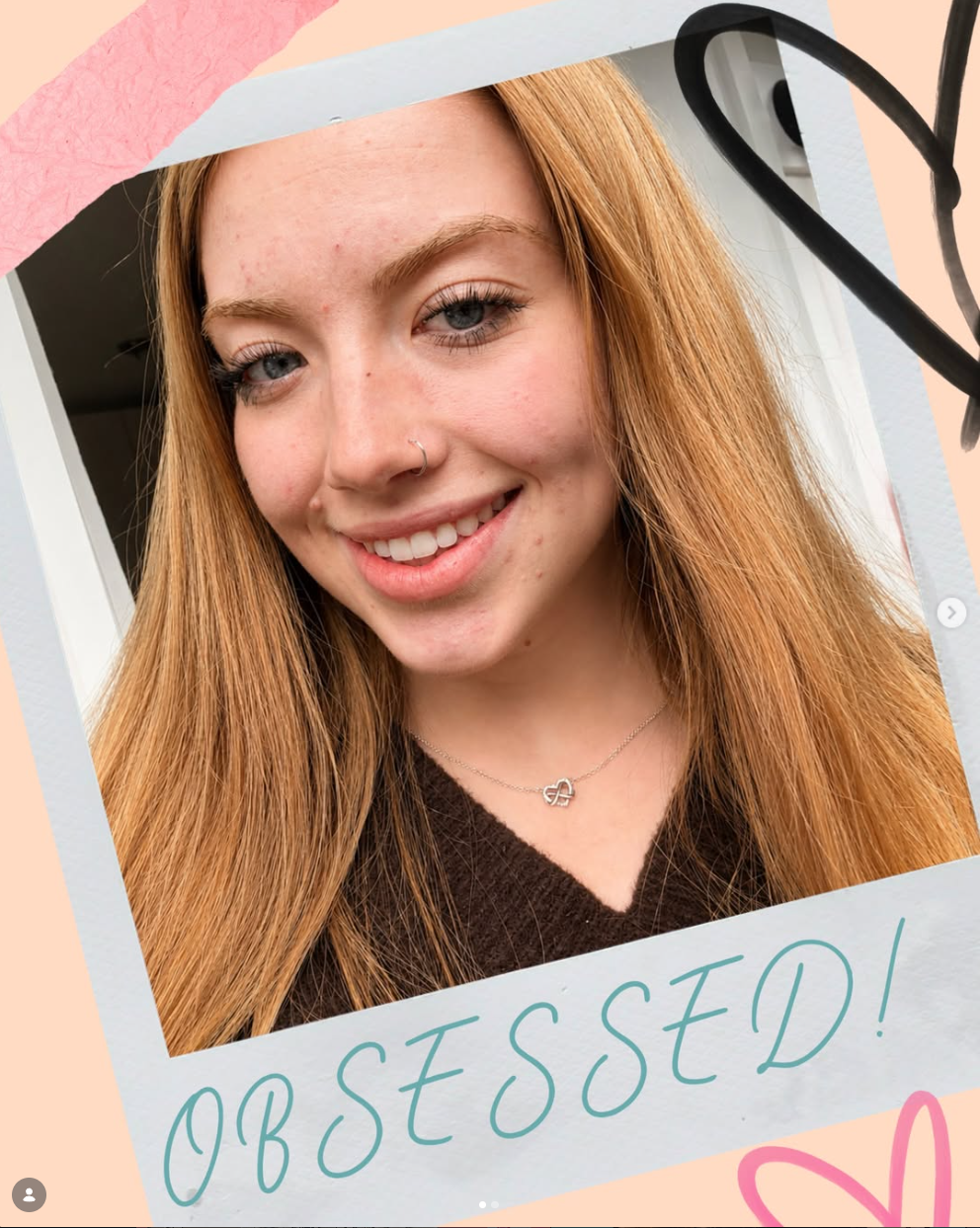 Happy client smiling after her treatment, captioned Obsessed
