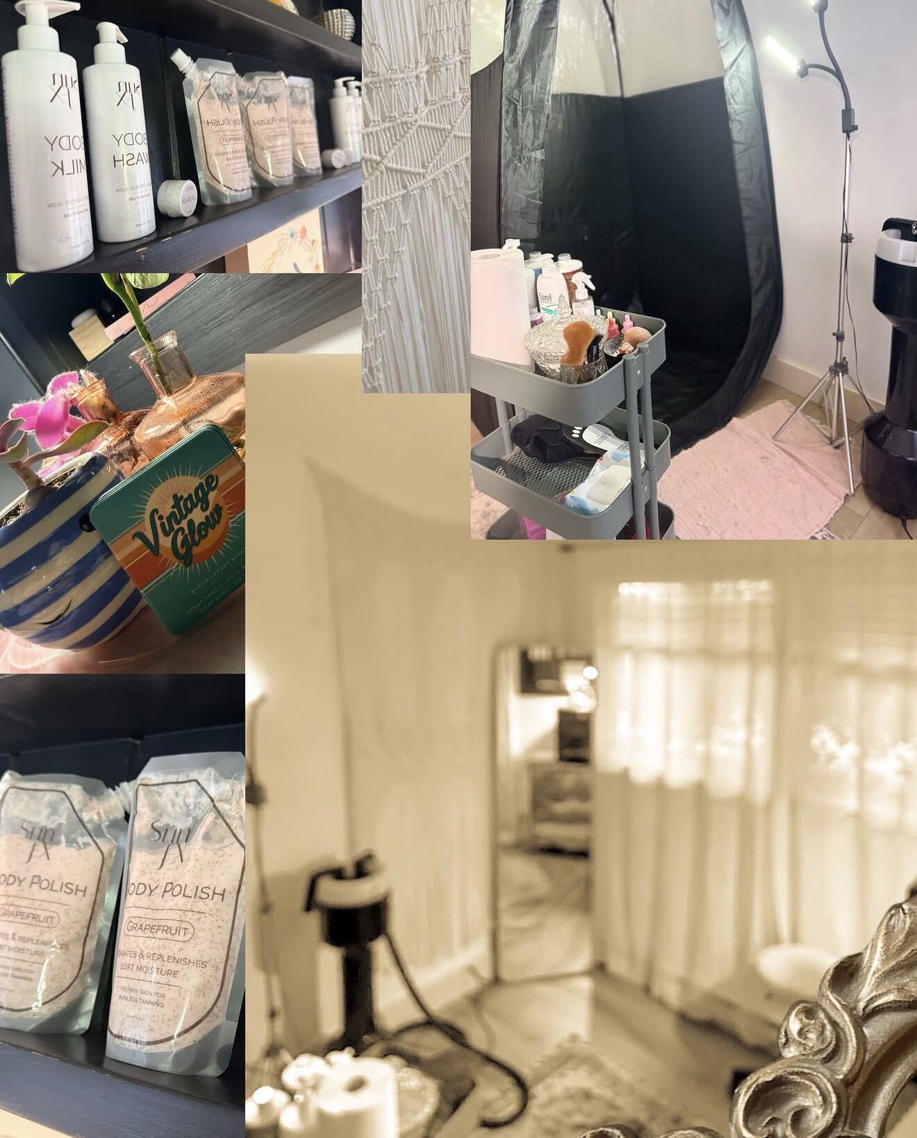 Collage of the Vintage Glow studio: product shelves, macramé decor, the spray tan booth, and the treatment room mirror